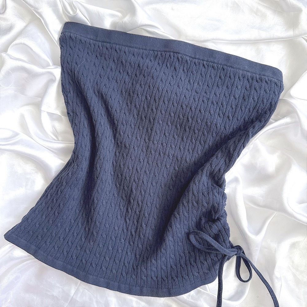 Mimi Maternity Navy Blue Cable Knit Tube Top Strapless Side Cinch Size S